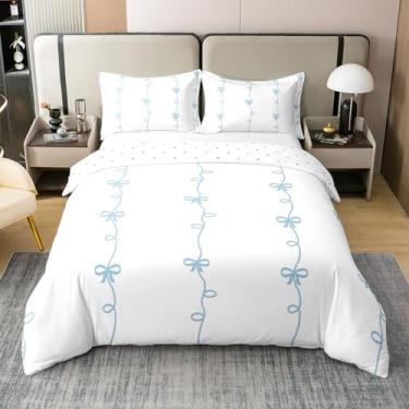 Imagem de Capa de edredom com laço 100% algodão tamanho solteiro, conjunto de cama com linhas azuis, 2 peças, decoração de quarto de crianças, adolescentes, meninas, mulher, borboleta, laço 3D, branco, moderno