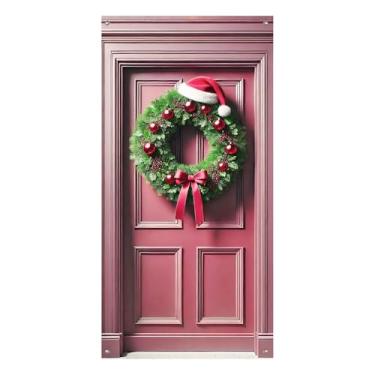 Imagem de BlissYard Capa de porta de guirlanda de Feliz Natal, decoração de porta de Natal com ornamentos de laço vermelho e chapéu de Papai Noel para exibição de entrada de varanda de inverno interna e externa