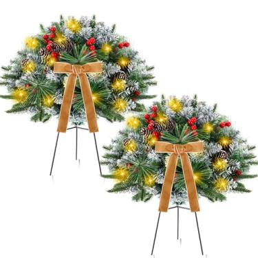 Imagem de Liliful Pacote com 2 urnas de Natal pré-iluminadas de 45,7 cm com laços de veludo, árvore de Natal artificial iluminada com estaca de tripé, temporizador, 60 LED, enchimento de plantador de iluminação