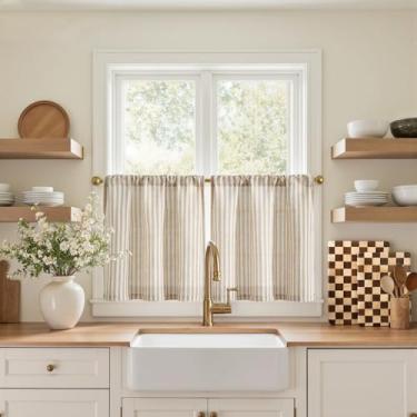Imagem de jinchan Cortinas listradas de linho para cozinha, 50,8 cm de comprimento, cortinas de campo, estilo café moderno, tratamentos de janela pequena, bolso para varão de filtragem de luz arejada para sala