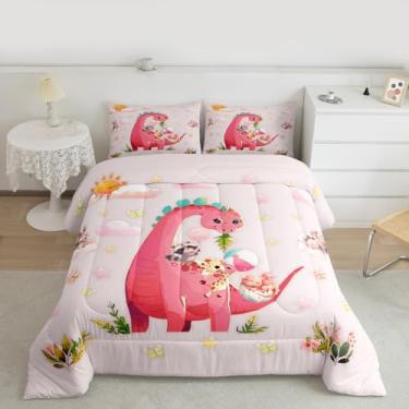 Imagem de Feelyou Conjunto de edredom fofo de dinossauro, para todas as estações, desenho animado, animal, com 1 fronha, de microfibra, dinossauro, para crianças, solteiro, borboleta, respirável, macio e leve