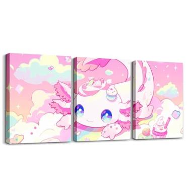 Imagem de Feelyou Linda arte de parede em tela axolotl 30,5 x 40,6 cm x 3 peças para sala de estar, quarto, galáxia, arco-íris, sorvete, sorvete, desenho animado, animal, decoração de parede, amarelo, rosa