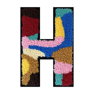 Imagem de 1 peça de 11,4 cm colorido camuflagem chenille patch com borda preta camuflagem divertida ferro em letras para jaquetas e mochilas, adesivos modernos do alfabeto para moda e presentes (H)