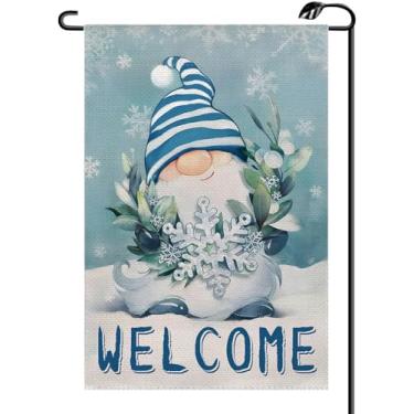 Imagem de Bandeira de jardim de boas-vindas de gnomo de inverno 30,5 x 45,7 cm vertical dupla face sazonal flocos de neve de Natal azul pequenas bandeiras fazenda decoração externa para quintal DJ21
