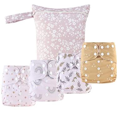 Imagem de HappyFlute 9 conjuntos de fraldas de bolso para recém-nascidos tamanho único ajustável reutilizável para bebês meninos e meninas (2,7-15 kg, 0-3 anos), um saco molhado + 4 fraldas e 4 inserções