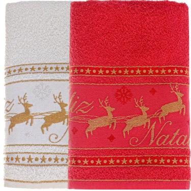 Imagem de Kit 50 Toalha De Rosto Feliz Natal 90% Algodão 400g-m² 45x68cm Bene Casa Vermelho-pérola