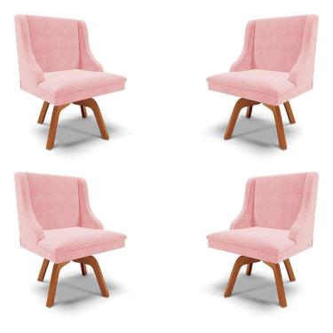 Imagem de Kit 4 Cadeiras Decorativas Sala De Jantar Base Giratória De Madeira Firenze Suede Rosa Bebê/natural