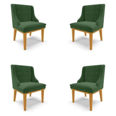 Imagem de Kit 4 Cadeiras Decorativas Sala De Jantar Base Fixa De Madeira Firenze Suede Verde/castanho G19