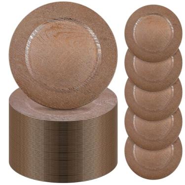 Imagem de Mifoci 100 peças de placas de carregamento de madeira sintética, placas redondas de plástico rústico, design antigo, carregadores decorativos a granel para bandeja de jantar para casamento, mesa de