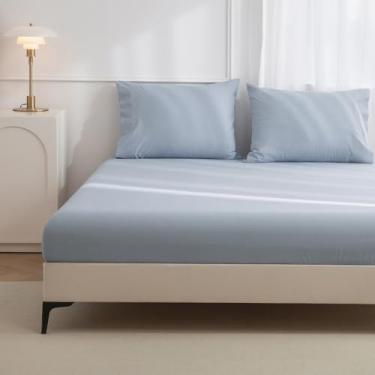 Imagem de JIYUAN Jogo de lençol Queen 100% algodão lavado, confortável, macio e respirável, lençol com elástico profundo (cabe em colchões de até 43 cm) + 2 capas, azul claro mesclado