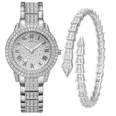 Imagem de Kchss Relógio de pulso feminino interior completo diamante brilhante strass gelo cristal de quartzo aço inoxidável feminino, A. prata