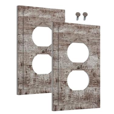 Imagem de Wmhusu Capas de tomada cinza escuro marrom tábua de madeira rústica 1 gangue placa de cobertura de interruptor de luz dupla placas decorativas de parede placa elétrica tampa de receptáculo para