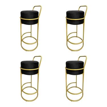 Imagem de Kit 4 Banquetas Alta Redonda Base Dourada Veludo - Preto