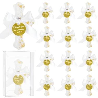 Imagem de 12 conjuntos de lembrancinhas de batismo cruz epóxi para convidados, ímã de primeira comunhão com etiqueta, lembrancinhas de primeira comunhão, ímã de cruz com etiqueta, bolsa de presente de lembrança