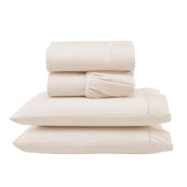 Imagem de Jogo de Lençol com e sem Elástico e 02 Fronhas - 4 Peças para Cama Casal King, Micropercal 300 Fios, 100% Poliéster, Bordado Ponto Palito (Versátil Completo/Palha, Jogo Lençol Casal King 4 Pçs)