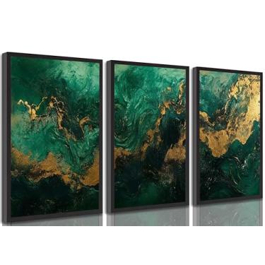 Imagem de 3 peças arte de parede em tela verde esmeralda e dourada, moderna, abstrata, linda, fluida, pinturas de mármore, imagens, sala de estar, decoração de parede, pôsteres, arte impressa para quarto