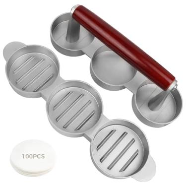 Imagem de Prensa de hambúrguer DIY de 3 grelhas, molde de alumínio com cabo de madeira, antiaderente, 100 forros de papel para fazer hambúrguer