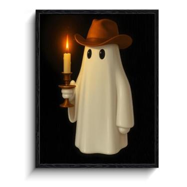Imagem de Fantasma branco com chapéu de cowboy segurando vela, decoração de parede de imagens de fantasmas estilo Rembrandt, arte de parede de fantasma com moldura fosca, imagens engraçadas de fantasmas para