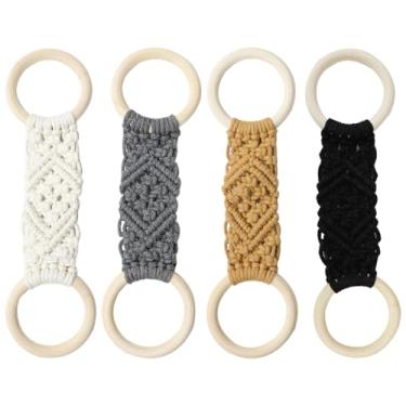 Imagem de Conjunto de 4 suportes de toalha de prato de madeira Boho, corda de algodão tecida à mão com laços de madeira lisos, serve para pendurar toalhas para armários de cozinha e banheiro, bege, cinza