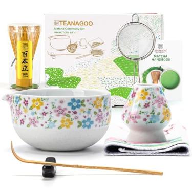 Imagem de TEANAGOO Conjunto de batedor Matcha, conjunto de 7 peças Matcha branco, kit de cerimônia matcha, conjunto de chá matcha para fazer latte, tigela de cerâmica (chawan) com bico e batedeiro, presente