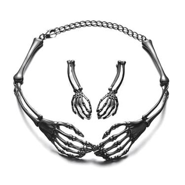Imagem de Pingyongchang Colar gargantilha de caveira de esqueleto punk de Halloween para mulheres e homens, pingente de crânio gótico, motociclista, brincos de rock, fantasia, cosplay, conjunto de joias