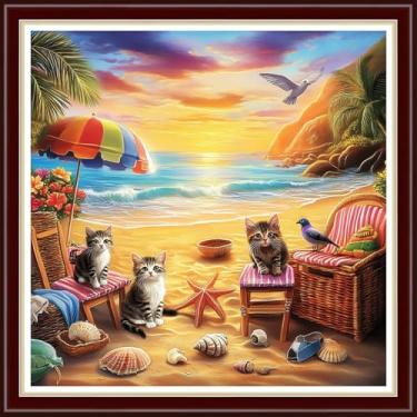 Imagem de Joyhoor Kits de ponto cruz para iniciantes carimbados suprimentos de ponto cruz kits de bordado pré-impressão para adultos kit de bordado DIY padrões de bordado 11CT-cenário de gato de praia 45,7 x
