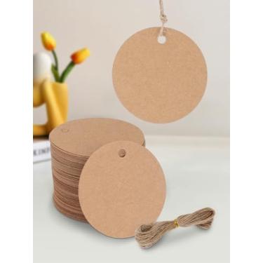Imagem de 100 etiquetas de presente Kraft em branco com cordão - Etiquetas redondas de papel marrom de 5 cm para Natal, lembrancinhas de casamento, artesanato DIY - Etiquetas de pendurar círculo perfurado