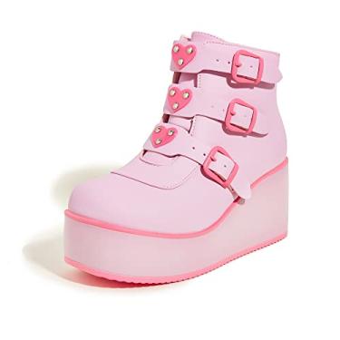 Imagem de LUCKY STEP Botas femininas grossas no tornozelo – bico redondo com zíper, salto alto, fivela rave, plataforma, sola grossa, botas góticas, Fúcsia rosa, 37 BR