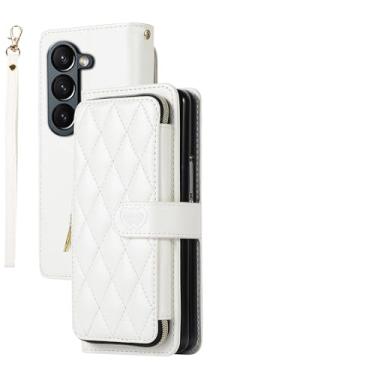 Imagem de YYTVN Capa carteira para Samsung Galaxy Z Fold 5 com zíper para cartão, bolsa transversal elegante capa protetora com alça de ombro e alça de pulso para Galaxy Z Fold 5 - branca