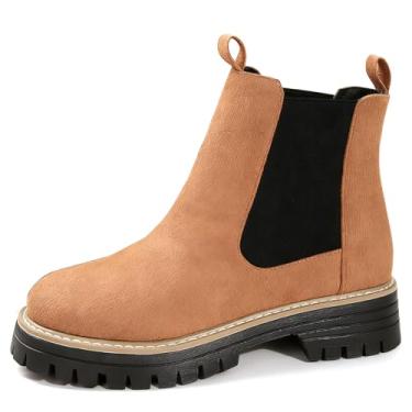 Imagem de BANGTEUO Botas Chelsea grossas femininas de camurça, confortável, plataforma elástica, sem cadarço, salto baixo para todas as estações, trabalho, botas de cano curto estilo clássico, Marrom, 35