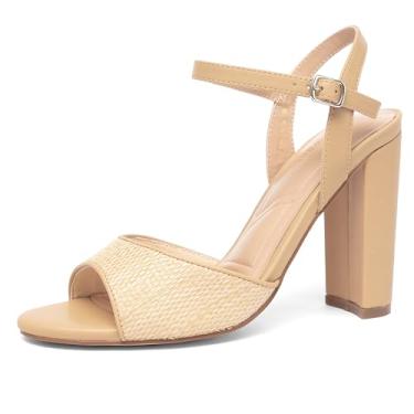 Imagem de NEWBELLA Sandálias femininas de salto alto grosso com tira no tornozelo, bico aberto confortável para festa, formatura, Caqui, 40