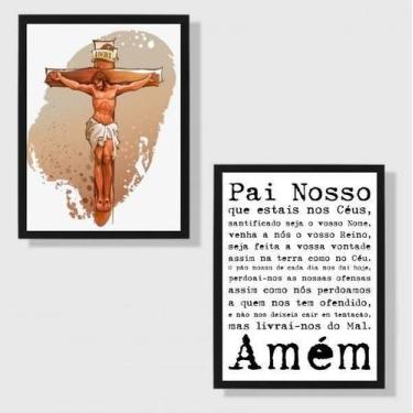 Imagem de Kit 2 Quadros Jesus Cruxificado Pai Nosso 45X34Cm Preta - Quadros On-L