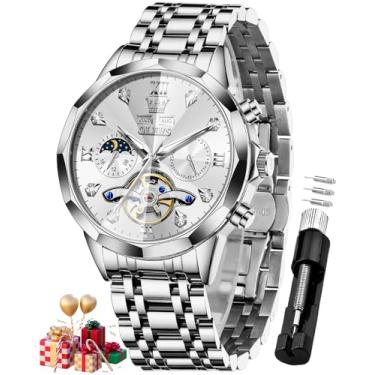 Imagem de OLEVS Relógio masculino automático, esqueleto de diamante, mecânico, luxuoso, com corda automática, calendário de fases da lua, à prova d'água, relógio de pulso masculino, G6621: pulseira prata e