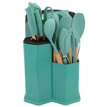 Imagem de Kit 19 Pç Silicone Cabo Madeira Facas Tábua Pote Organizador - Lovely 