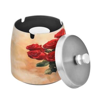 Imagem de Blueangle Cinzeiro rosa vermelha com tampa para cigarros, à prova de vento/chuva, aço inoxidável, sem fumaça, inodoro, cinzeiro para uso interno ou externo (52)