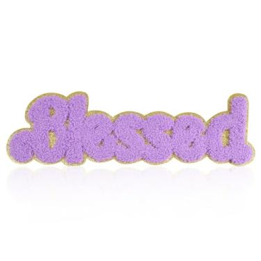 Imagem de FANCIBAND 25,2 cm Blessed Chenille Letter Patches Iron On, Letterman Jacket Patches para roupas, mochilas, camisetas, jaquetas, jeans, bolsas - roxo