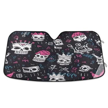 Imagem de ATTX Pára-brisas de carro com padrão de caveira colorida 144.8 cm x 80.0 cm escudo solar universal com proteção UV, persiana de janela frontal automática dobrável para caminhões Sedans SUVs #408