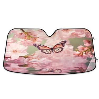 Imagem de ATTX Para-brisa de carro borboleta rosa para-sol 134.6 cm x 59.7 cm escudo solar universal com proteção UV, persiana de janela frontal automática dobrável para Sedans SUVs caminhões #10
