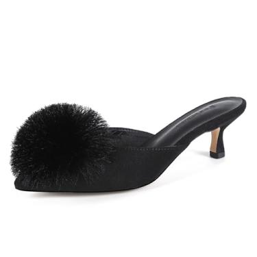 Imagem de Fericzot Mules femininas de salto gatinho com bico fino e costas nuas, sem cadarço, salto baixo, salto baixo, sapatos de salto baixo, Preto, 36