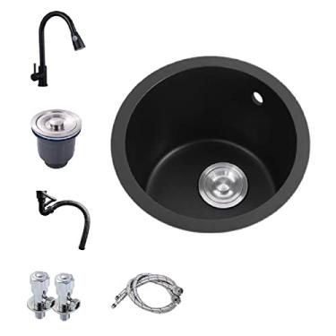 Imagem de Tigela única para pia de cozinha, pia de barra pequena com torneira, pias de cozinha pequenas para casa pequena, pia de cozinha redonda de granito feita à mão, aquecimento anticongelante