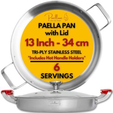 Imagem de Paelluxe Panela de paella de aço inoxidável com três camadas de 33 cm com tampa para 6 porções - inclui suportes de alça quente - Frigideira para indução, forno e lava-louças, cozinha interna e