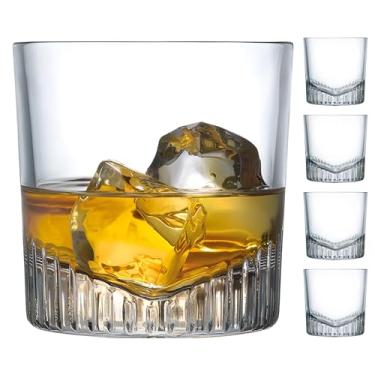 Imagem de NUDE Conjunto de 4 copos de uísque – Caldera 325 ml cristal sem chumbo pedras antiquadas copos para uísque, uísque e Bourbon – Base com motivo em forma de V, pode ir à lava-louças
