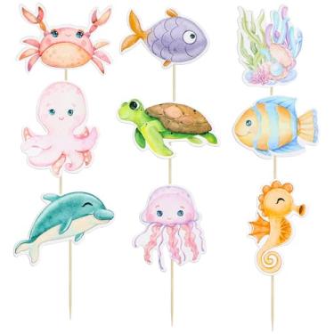 Imagem de Ephlyn 36 peças de topo de cupcake de animais oceânicos tartarugas sob o mar, polvo, picaretas de cupcake, cavalo-marinho, decorações de bolo de coral para chá de bebê, artigos de festa de aniversário