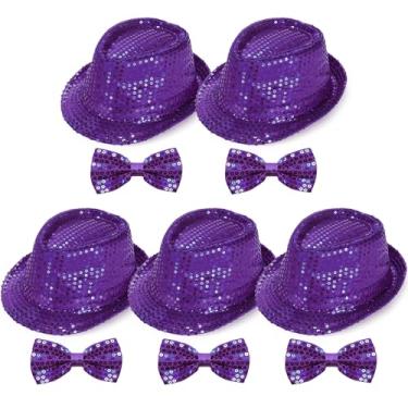 Imagem de Elfcool Conjunto de 10 peças de chapéu Fedora de lantejoulas unissex com lantejoulas; conjunto de gravatas borboleta retrô para dança; boné de jazz divertido, fantasia fedora (5 unidades, roxo, grande