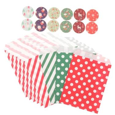 Imagem de Sacos de doces de Natal, 24 peças, papel manchado vermelho e verde, sacos adesivos adesivos de papel kraft resistente para lembrancinhas de festa de Natal, presentes de fim de ano, suprimentos de