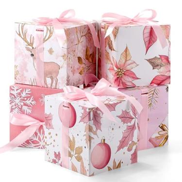 Imagem de MotiMind Pacote com 5 caixas de presente de Natal com fitas, caixa de presente de bola de alce rosa de 17,8 cm com tampas quadradas para embrulho de Natal, caixas de lembrancinhas de festas de fim de