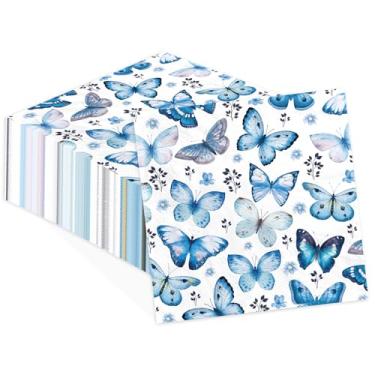 Imagem de 100 guardanapos de papel borboleta azul 3 camadas borboletas folhas de flores toalhas de mão absorventes descartáveis guardanapos florais de convidados de borboleta para chá de panela, aniversário