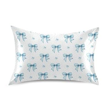 Imagem de SEHANY Capas de almofada de seda Blue Bow para cabelo e pele, capas de almofada de cetim respiráveis macias e refrescantes com fecho de envelope, tamanho king (50 x 76 cm)