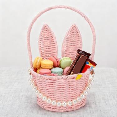 Imagem de Luqeeg Cesta de coelhinho da Páscoa, cesta de ovo de Páscoa com alça e pingente de pérola para Halloween, doces, piquenique, casamento, Natal, arranjo de comida, rosa