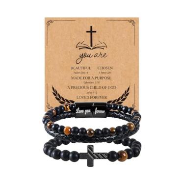 Imagem de Long tiantian Pulseira masculina cristã de couro para homens Jesus Loves You Joshua Pulseiras presentes católicos para homens, joias cristãs, Large, Pedra, Sem Pedra Preciosa